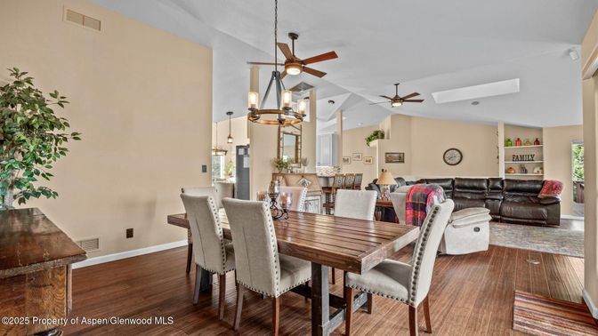 Dining room, Interior, Living room, Recessed Lighting, Wood Texture Flooring