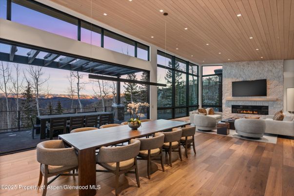 Dining room, Fireplace, Interior, Living room, Pendant Lights, Recessed Lighting, Wooden Ceilings, Wood Texture Flooring
