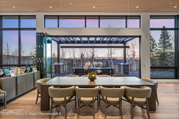 Dining room, Interior, Pendant Lights, Recessed Lighting, Wood Texture Flooring