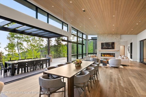 Dining room, Fireplace, Interior, Living room, Pendant Lights, Recessed Lighting, Wooden Ceilings, Wood Texture Flooring
