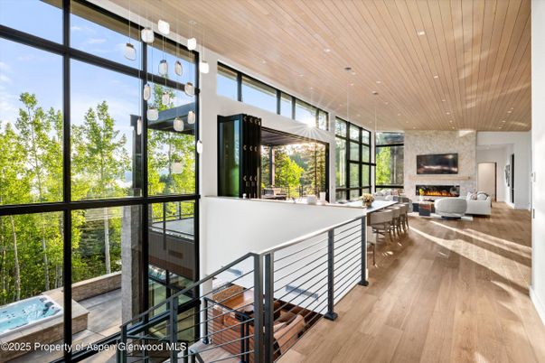 Fireplace, Interior, Living room, Pendant Lights, Recessed Lighting, Wooden Ceilings, Wood Texture Flooring