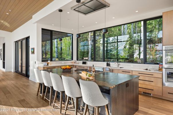 Interior, Kitchen, Pendant Lights, Recessed Lighting, Stainless Steel Appliances, Wooden Ceilings, Wood Texture Flooring