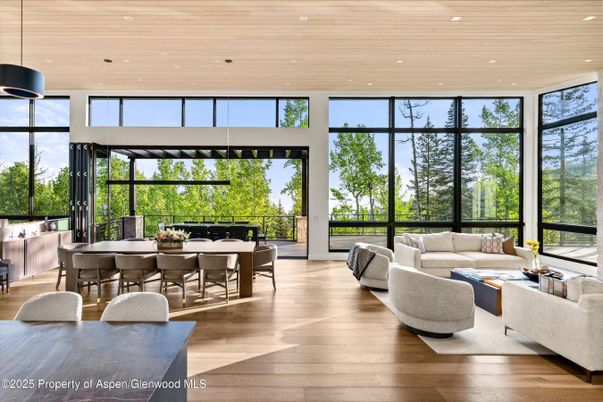 Dining room, Interior, Living room, Pendant Lights, Recessed Lighting, Wooden Ceilings, Wood Texture Flooring