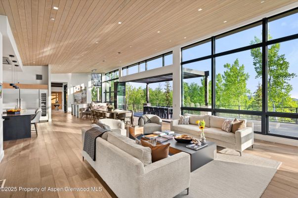 Dining room, Interior, Living room, Pendant Lights, Recessed Lighting, Wooden Ceilings, Wood Texture Flooring