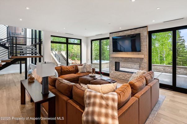Fireplace, Interior, Living room, Recessed Lighting, Wood Texture Flooring