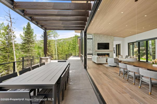 Dining room, Exterior, Fireplace, Wood Texture Flooring