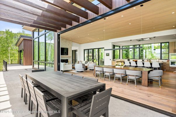 Dining room, Interior, Pendant Lights, Recessed Lighting, Wood Texture Flooring