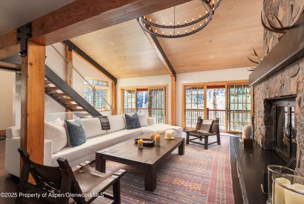 Fireplace, Interior, Living room, Recessed Lighting, Stone Walls, Wooden Beams, Wooden Ceilings, Wood Texture Flooring