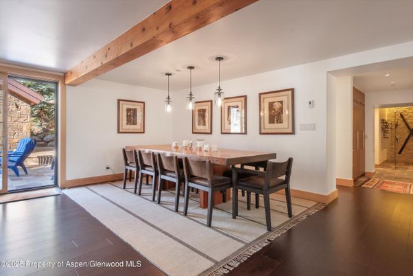 Dining room, Interior, Pendant Lights, Recessed Lighting, Wooden Beams, Wood Texture Flooring