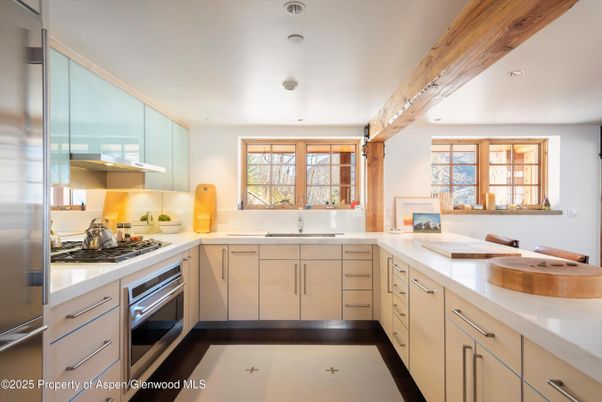 Interior, Kitchen, Recessed Lighting, Stainless Steel Appliances, Wooden Beams