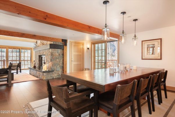 Dining room, Fireplace, Interior, Pendant Lights, Wooden Beams, Wood Texture Flooring