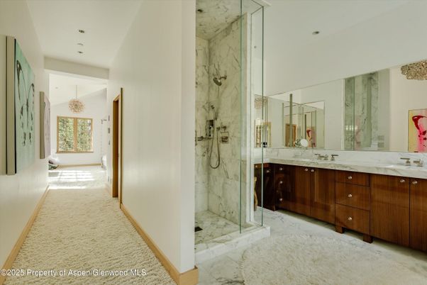 Bathroom, Glass Shower, Interior, Marble, Marble Walls, Pendant Lights, Recessed Lighting