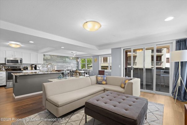 Dining room, Interior, Kitchen, Living room, Pendant Lights, Recessed Lighting, Stainless Steel Appliances, Wood Texture Flooring