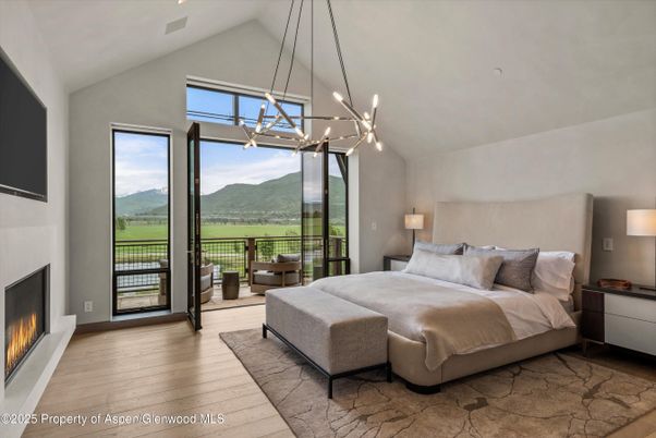 Bedroom, Fireplace, Interior, Pendant Lights, Recessed Lighting, Wood Texture Flooring