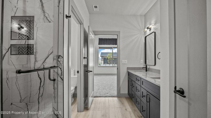 Bathroom, Interior, Marble Walls, Wood Texture Flooring