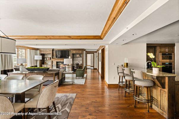 Dining room, Fireplace, Interior, Kitchen, Living room, Recessed Lighting, Stainless Steel Appliances, Wooden Beams, Wood Texture Flooring