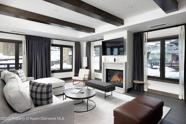Fireplace, Interior, Living room, Recessed Lighting, Wooden Beams, Wood Texture Flooring
