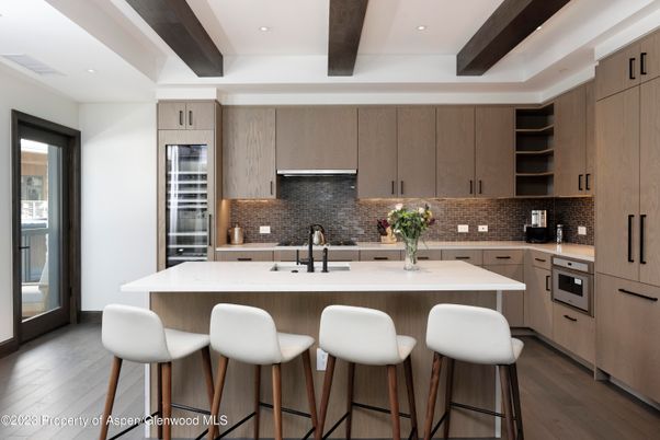 Interior, Kitchen, Recessed Lighting, Stainless Steel Appliances, Wooden Beams, Wood Texture Flooring