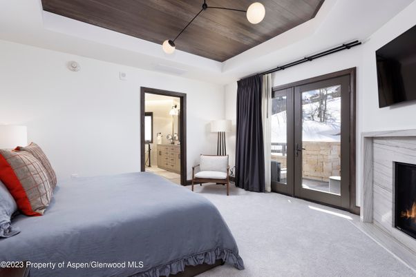 Bedroom, Fireplace, Interior, Pendant Lights, Wooden Ceilings