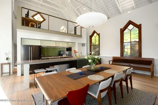 Dining room, Interior, Kitchen, Pendant Lights, Stainless Steel Appliances, Wood Texture Flooring