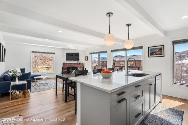 Dining room, Fireplace, Interior, Kitchen, Living room, Pendant Lights, Recessed Lighting, Wood Texture Flooring