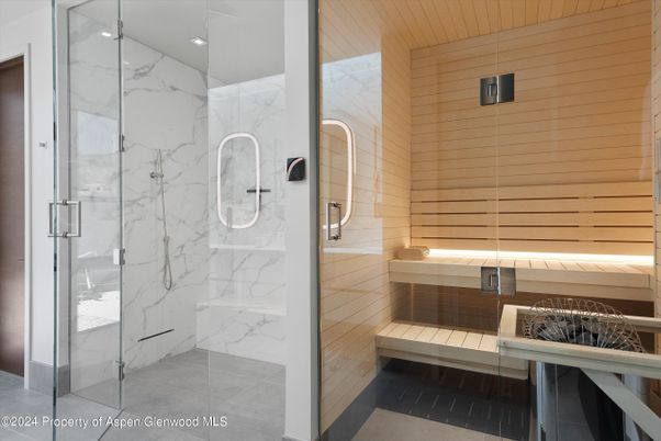 Bathroom, Glass Shower, Interior, Marble Walls, Recessed Lighting, Sauna Room