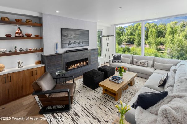 Fireplace, Interior, Living room, Recessed Lighting, Wood Texture Flooring