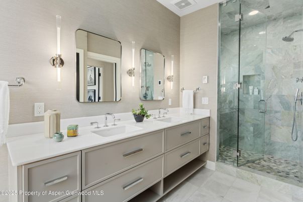 Bathroom, Dual Sink Vanities, Glass Shower, Interior, Marble Walls