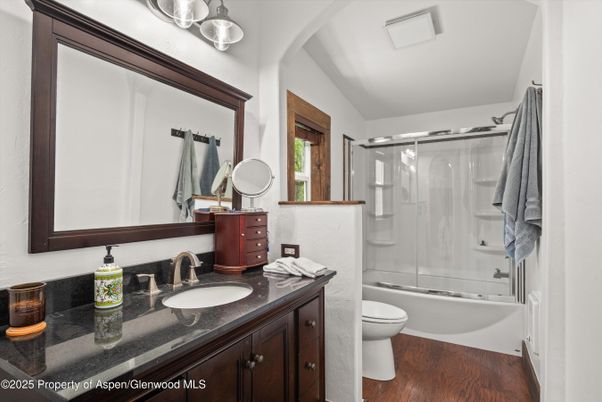Bathroom, Glass Shower, Interior, Wood Texture Flooring
