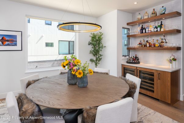 Dining room, Interior, Pendant Lights, Recessed Lighting, Wood Texture Flooring