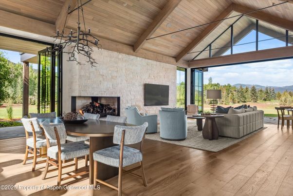 Dining room, Fireplace, Interior, Living room, Pendant Lights, Stone Walls, Wooden Beams, Wooden Ceilings, Wood Texture Flooring