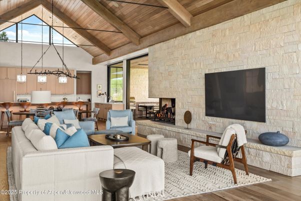 Fireplace, Interior, Kitchen, Living room, Pendant Lights, Stone Walls, Wooden Beams, Wooden Ceilings, Wood Texture Flooring