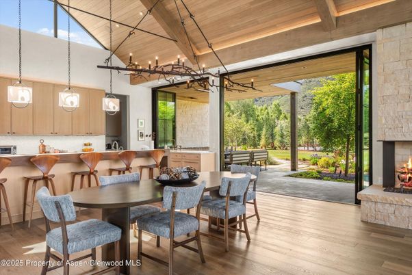 Dining room, Fireplace, Interior, Kitchen, Pendant Lights, Stone Walls, Wooden Beams, Wooden Ceilings, Wood Texture Flooring