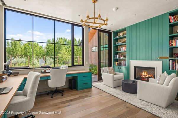 Fireplace, Home Office, Interior, Pendant Lights, Recessed Lighting, Wood Texture Flooring