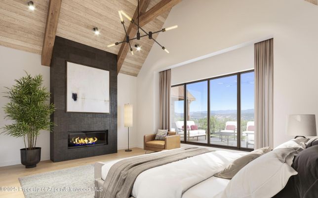 Bedroom, Fireplace, Interior, Pendant Lights, Wooden Beams, Wooden Ceilings, Wood Texture Flooring