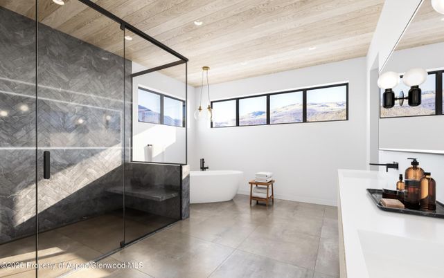Bathroom, Free Standing Baths, Glass Shower, Interior, Pendant Lights, Recessed Lighting, Wooden Ceilings
