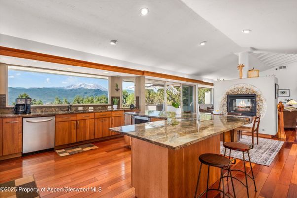 Fireplace, Interior, Kitchen, Recessed Lighting, Wood Texture Flooring