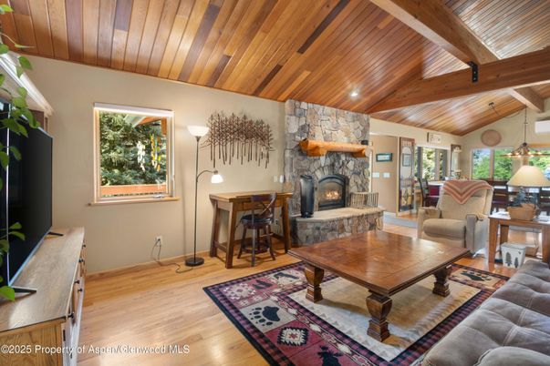 Fireplace, Interior, Living room, Recessed Lighting, Stone Walls, Wooden Beams, Wooden Ceilings, Wood Texture Flooring