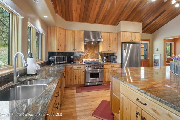Interior, Kitchen, Recessed Lighting, Stainless Steel Appliances, Wooden Ceilings, Wood Texture Flooring