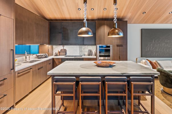 Interior, Kitchen, Pendant Lights, Recessed Lighting, Stainless Steel Appliances, Wooden Ceilings, Wood Texture Flooring
