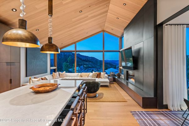 Dining room, Fireplace, Interior, Living room, Pendant Lights, Recessed Lighting, Wooden Ceilings, Wood Texture Flooring