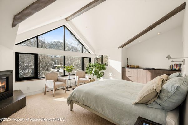 Bedroom, Fireplace, Interior, Recessed Lighting, Wooden Beams