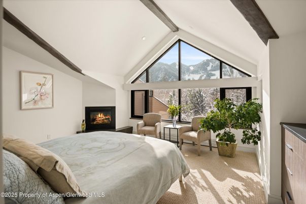 Bedroom, Fireplace, Interior, Recessed Lighting, Wooden Beams