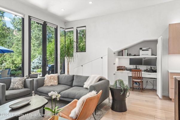 Home Office, Interior, Living room, Recessed Lighting, Wood Texture Flooring