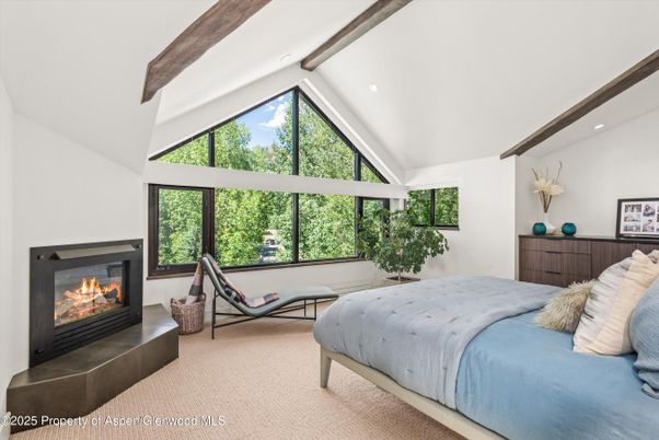 Bedroom, Fireplace, Interior, Recessed Lighting, Wooden Beams