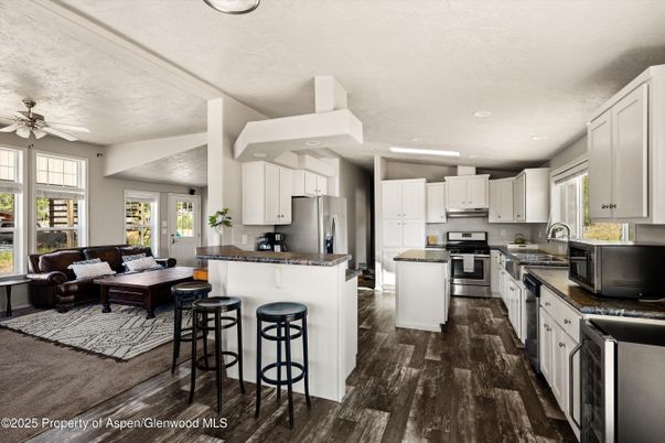 Interior, Kitchen, Living room, Recessed Lighting, Stainless Steel Appliances, Wood Texture Flooring