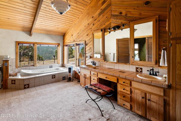 Bathroom, Dual Sink Vanities, Interior, Tile Countertops, Wooden Ceilings, Wooden Walls