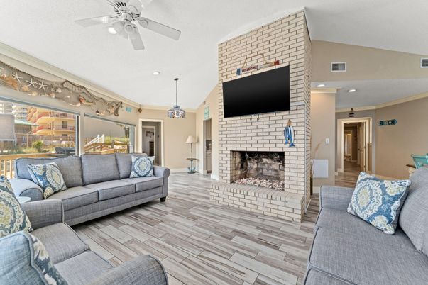 Fireplace, Interior, Living room, Pendant Lights, Recessed Lighting, Stone Walls, Wood Texture Flooring