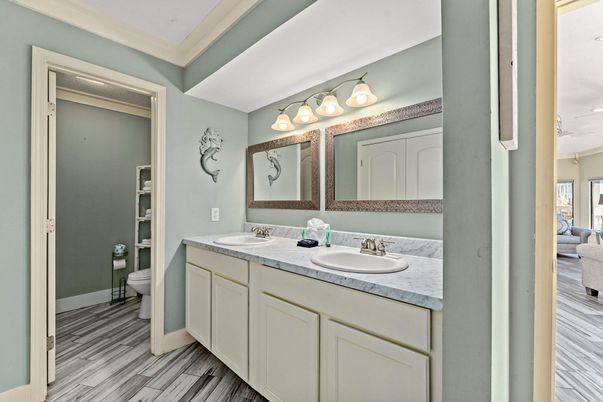 Bathroom, Dual Sink Vanities, Interior, Tile Countertops, Wood Texture Flooring