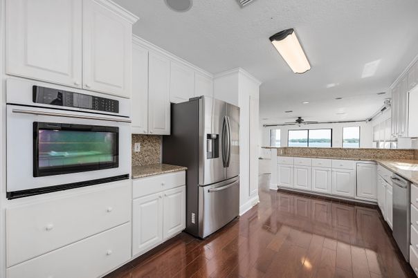 Interior, Kitchen, Recessed Lighting, Stainless Steel Appliances, Wood Texture Flooring